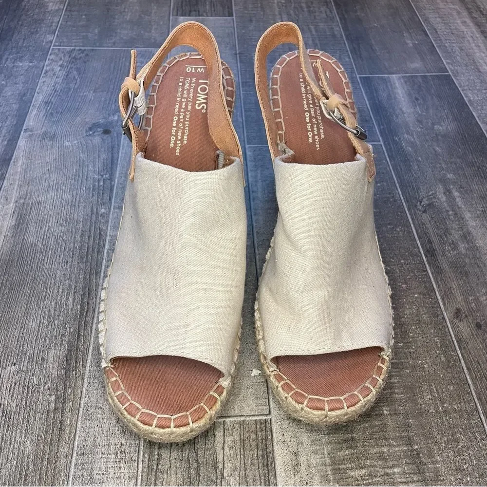 Tom's Monica Wedge Espadrille Adjustable Strap Creme Color Open Toe Size 10